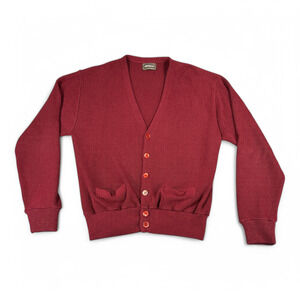 Vintage Campus Cardigan Sweater Adult LARGE Red Pockets Ribbed Banded Grunge 70s